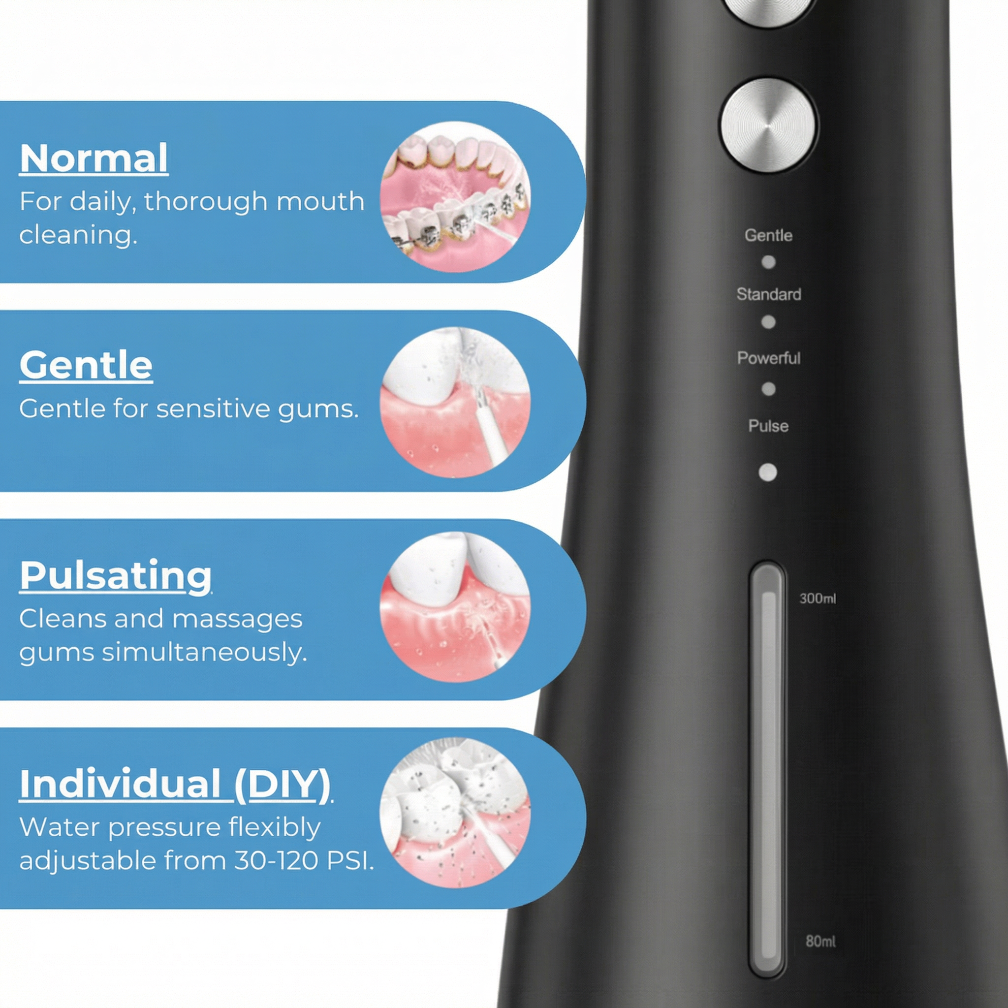 Cordless Water Flosser For effective dental and gum care / Includes 4 nozzle tips, 300 ml water tank, 30–120 PSI water pressure and IPX7 waterproof protection